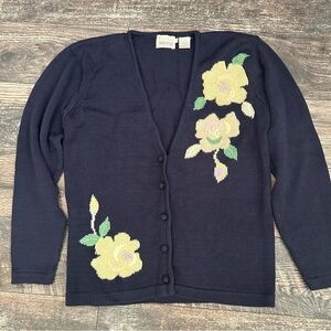 Navy Blue Floral Embroidered Cardigan Sweater Soft Yellow Button Up Women’s S